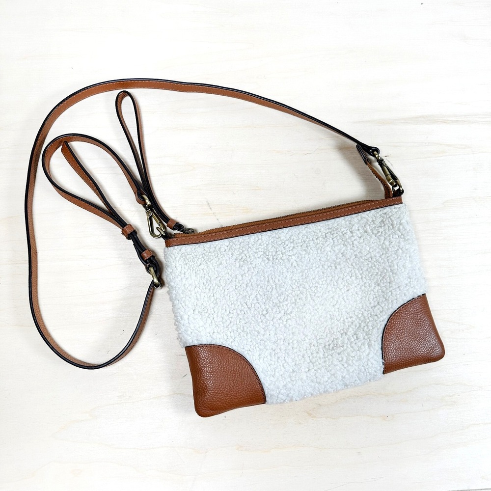 J.Jill  Winter's Day Sherpa‎ Fleece Leather Crossbody Handbag Cream Brown